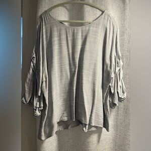 Alex Marie Gray Blouse with puff sleeves, navy and white stripe. Size XXL